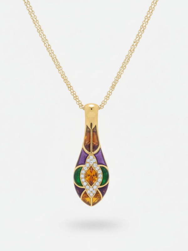 Diamond Pendant with Citrine, Amethyst and Chrome Diopside