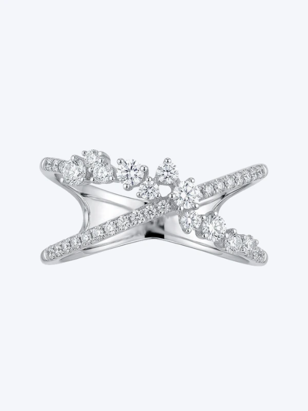 Elegant 0.55ct diamond crossover ring crafted in 18kt white gold, captured from a front perspective against a professional studio background.