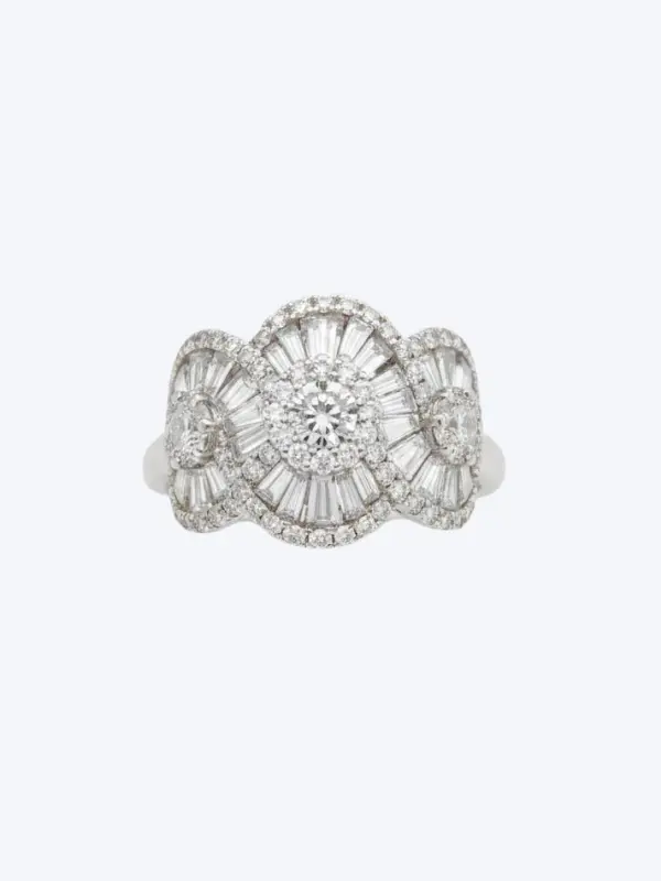 Art Deco Style Diamond Ring with baguette and round diamonds in 18kt white gold