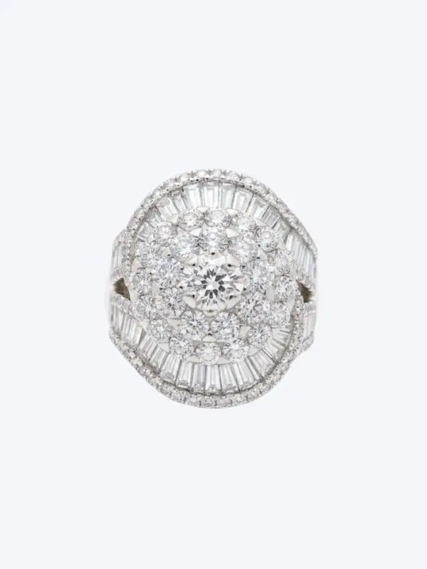Statement Round and Baguette Diamond Ring in 18kt white gold on model