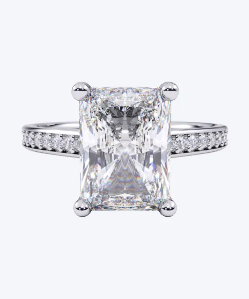 Radiant Cut Diamond Band Engagement Ring — Juliet in 18K Yellow Gold, Front View — Neophytou Jewellery