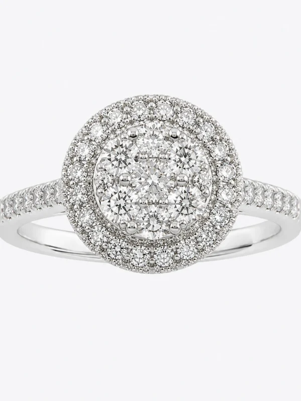 18kt natural diamond ring totaling 1.70cts, shown in a front product view with a circular diamond design and diamond-set shoulders
