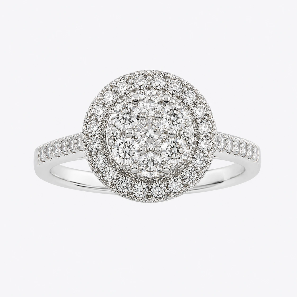 18kt-natural-diamond-ring-front-view-170cts 18kt natural diamond ring totaling 1.70cts, shown in a front product view with a circular diamond design and diamond-set shoulders